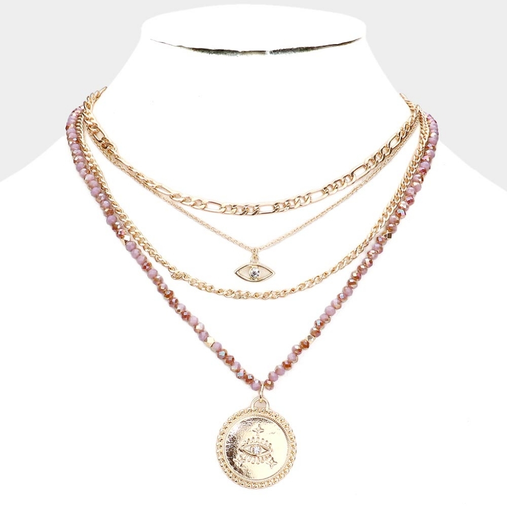 Gold Multi Layered Evil Eye Coin Pendant Necklace Chain Beaded Style